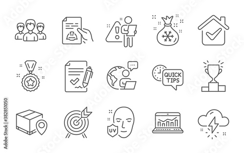 Approved agreement, Web analytics and Uv protection line icons set. Winner podium, Quick tips and Parcel tracking signs. Winner reward, Thunderstorm weather and Archery symbols. Line icons set. Vector © blankstock