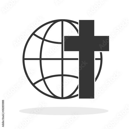 Christian cross icon with globe earth symbol. Lnear globe icon.