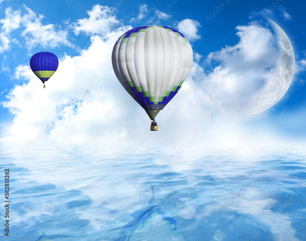 Fototapeta premium Fantastic dreams. Hot air balloons in blue sky with clouds and crescent moon over sea