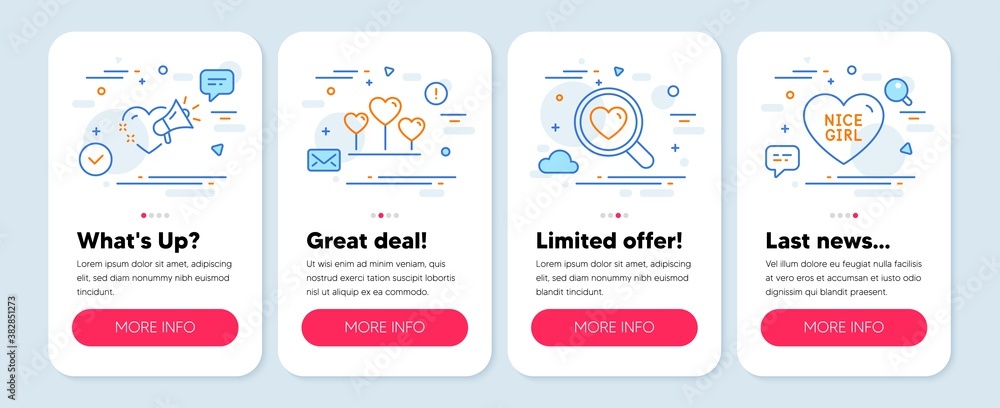 Set of Love icons, such as Love heart, Search love, Nice girl line icons. Mobile app mockup banners. Romantic feelings, Dating service, Heart. Love heart icons. Mobile screen carousel. Vector