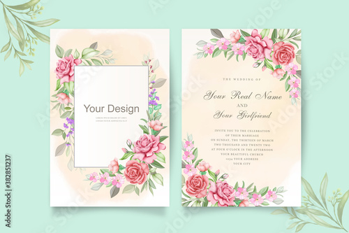 Elegant watercolor wedding invitation card with flower and leaves