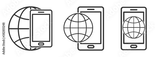 Planet Earth symbol with smartphone icon. Mobile phone icon with globe Earth symbol