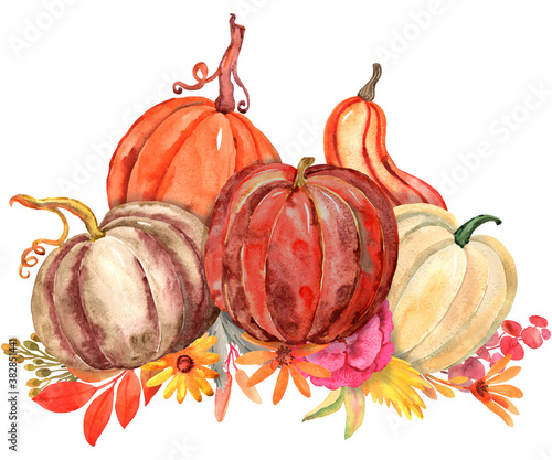 Pumpkins, flowers, fall leaves  watercolor arrangement. Hand drawn autumn, fall, thanksgiving. Natural organic vegetarian food, harvest. Kitchen, menu, reciep card, background, poster, banner,template photo