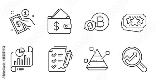 Wallet, Loyalty points and Report document line icons set. Refresh bitcoin, Survey checklist and Analytics signs. Pyramid chart, Payment method symbols. Quality line icons. Wallet badge. Vector