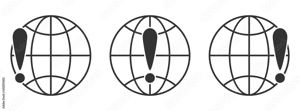 Fototapeta premium Set of linear globe icons. Exclamation mark with globe Earth symbol.