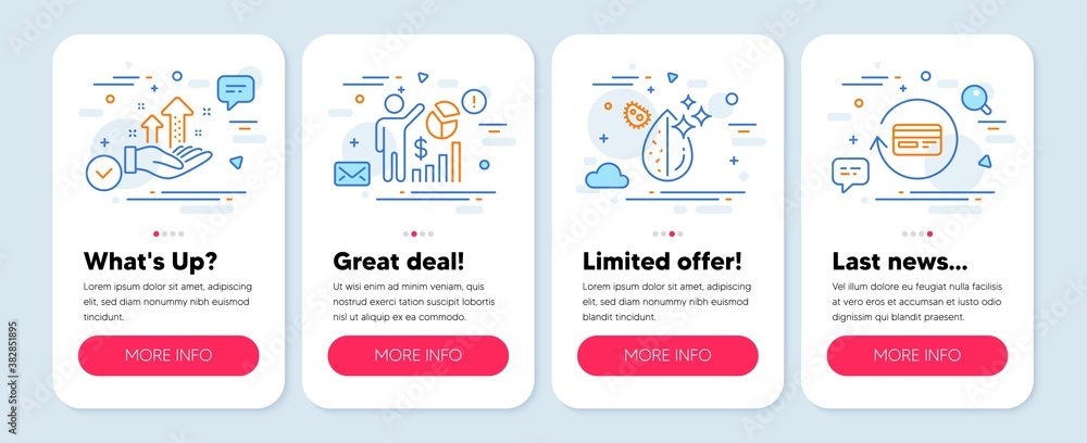 Set of Technology icons, such as Dirty water, Seo statistics, Analysis graph symbols. Mobile screen app banners. Refund commission line icons. Aqua drop, Analytics chart, Targeting chart. Vector