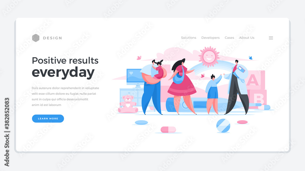 Positive baby pediatrics home page template Characters family conduct prophylaxis of children at physiotherapist. Positive baby pediatrics home page template Characters family conduct prophylaxis of children at physiotherapist.