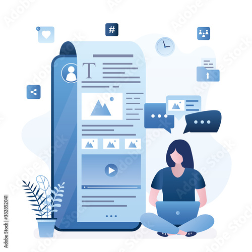 Woman blogger works on laptop. Female journalist. Blogging, copywriting concept. Smartphone with social network app or blog.