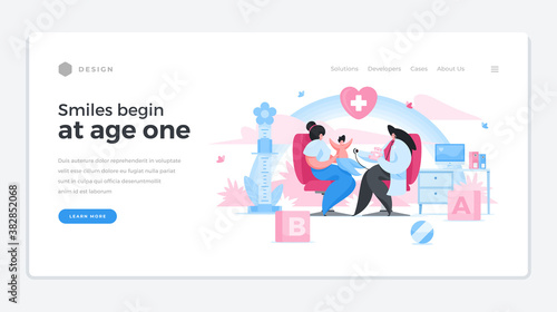 Baby pediatric prevention landing page banner. Childrens doctor carefully listens to child sitting on lap of happy mother.