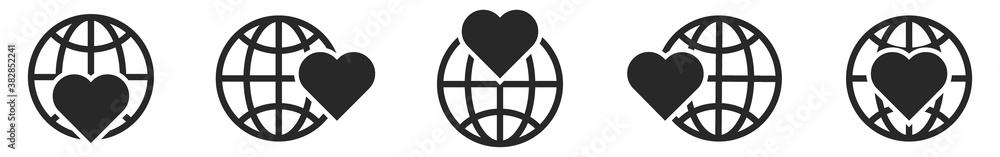 Planet Earth icon with heart symbol. Linear globe icons. Planet Earth icon with heart symbol. Linear globe icons.