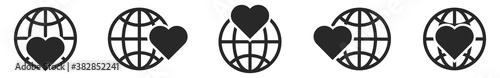 Planet Earth icon with heart symbol. Linear globe icons.