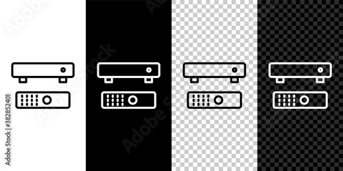 Isometric Multimedia and TV box receiver and player with remote controller icon isolated on grey background. Blue square button. Vector.