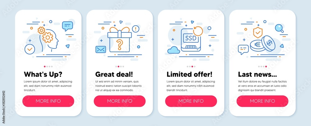 Set of Business icons, such as Recovery ssd, Thoughts, Secret gift symbols. Mobile app mockup banners. Savings insurance line icons. Backup info, Business work, Unknown package. Money exchange. Vector
