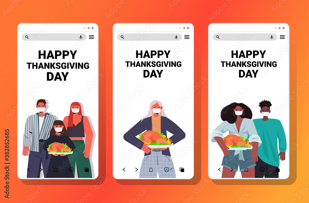 Naklejka premium set people in masks celebrating happy thanksgiving day mix race men women holding roasted turkey coronavirus quarantine concept smartphone screens collection horizontal portrait vector illustration