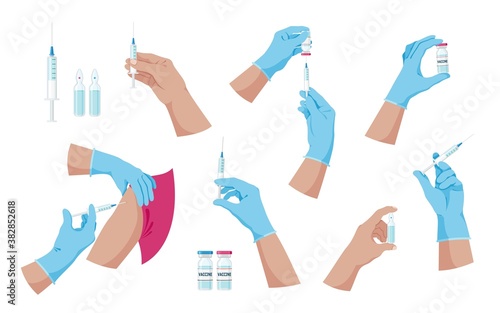 Doctor hands with syringe and ampoule with vaccine or medicine. Doctor hands making an injection. Vaccination and immunization concept. Preventive medicine, treatment. Colorful set. Isolated. Vector