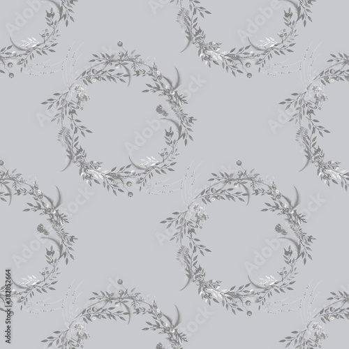 Seamless Christmas Silver Pattern in 3D illustration of silver Christmas Wreath on grey background. Luxury wrapping paper concept