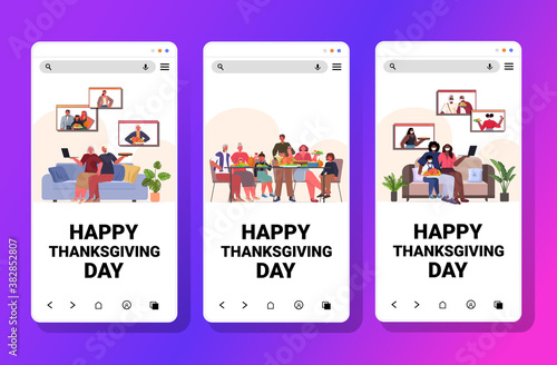 set mix race people celebrating happy thanksgiving day family discussing during video call online communication self isolation concept smartphone screens collection horizontal vector illustration