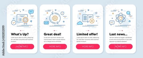 Set of Technology icons, such as Cogwheel, Certificate, Reject book symbols. Mobile screen banners. Atom line icons. Engineering tool, Verified document, Delete article. Electron. Vector