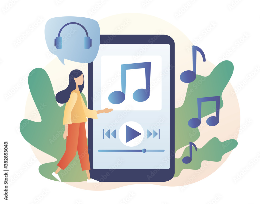 Media player app. Music play list. Tiny girl listen music, sound, audio or radio  online with smartphone app. Modern flat cartoon style. Vector illustration  on white background vector de Stock | Adobe