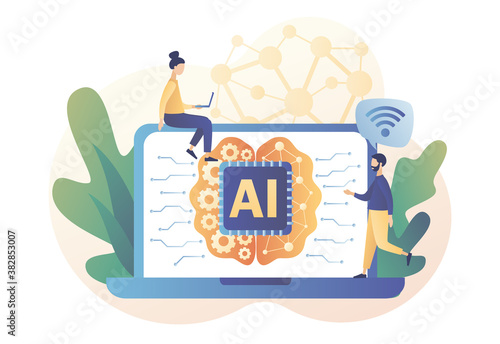 Artificial intelligence concept. AI, machine learning, analysis information. Digital brain with neural network on laptop screen. Modern flat cartoon style. Vector illustration on white background