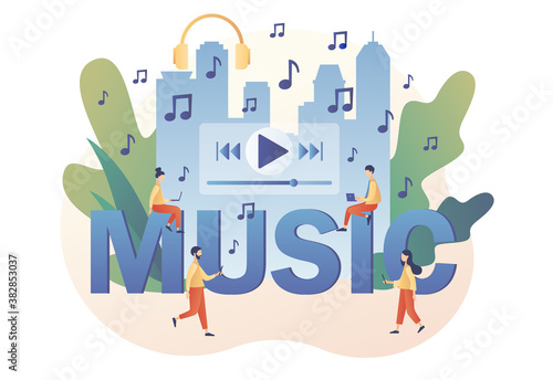 MUSIC - big text. Media player app. Tiny people listen music, sound, audio or radio online with smartphone app or laptop. Modern flat cartoon style. Vector illustration on white background