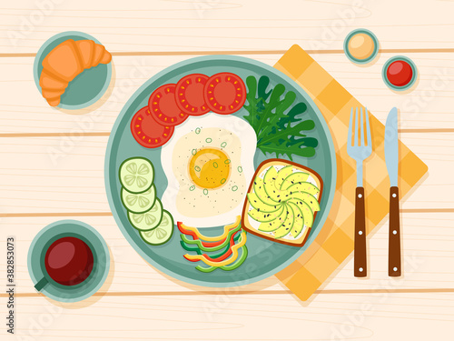 Healthy breakfast, fried egg, greens, vegetables, toast with avocado, coffee, croissant, vector illustration