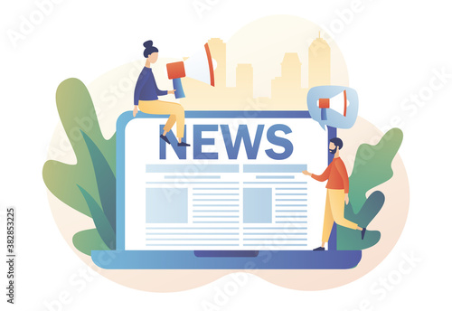 Tiny people read breaking news online using laptop. News. Modern flat cartoon style. Vector illustration on white background