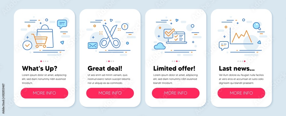 Set of line icons, such as Sale bags, Scissors, Online survey symbols. Mobile screen mockup banners. Diagram line icons. Shopping cart, Cutting tool, Quiz test. Growth graph. Sale bags icons. Vector