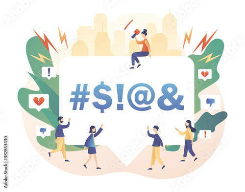 Cyberbullying. Haters online. Tiny people put dislikes and write negative comments. Bullying internet, trolling and hate speech. Modern flat cartoon style. Vector illustration on white background