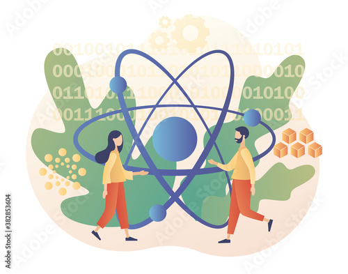 Quantum computing concept. Optical technology, photonics research. Tiny people engineers and scientists investigate quantum. Modern flat cartoon style. Vector illustration