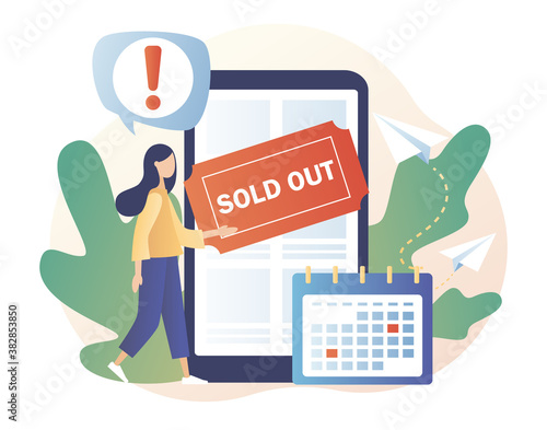 Tiny girl use online booking system in smartphone app. Sold-out event, sold-out crowd, no tickets available concept. Modern flat cartoon style. Vector illustration on white background