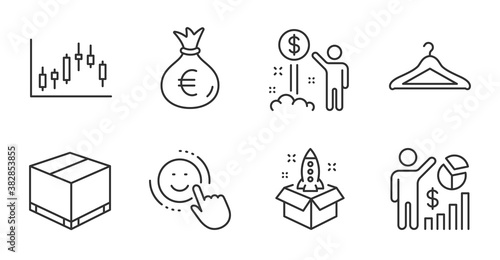Smile, Delivery box and Income money line icons set. Money bag, Startup and Cloakroom signs. Seo statistics, Candlestick graph symbols. Positive feedback, Cargo package, Wealth. Business set. Vector