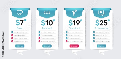 Included icon as Agent, Heart, Eyeglasses signs. Price table template, business plan chart. Business icons set. Smile chat flat icons. Business person, Love chat, Optometry. Heart face. Vector