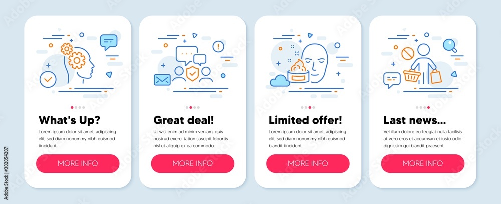 Set of People icons, such as Face cream, Security agency, Thoughts symbols. Mobile app mockup banners. Stop shopping line icons. Gel, Body guard, Business work. No buying. Face cream icons. Vector Set of People icons, such as Face cream, Security agency, Thoughts symbols. Mobile app mockup banners. Stop shopping line icons. Gel, Body guard, Business work. No buying. Face cream icons. Vector