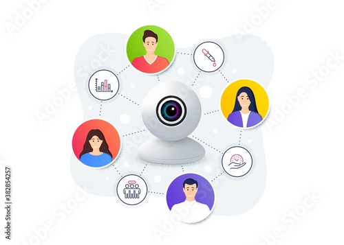 Set of Science icons, such as Diagram graph, Safe time, Chemistry pipette symbols. Web camera remote streaming. Online video conference banner. Employees group line icons. Vector