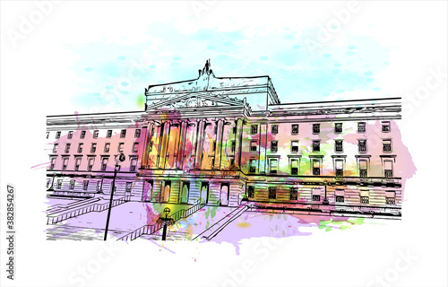 Building view with landmark of Belfast is the capital and largest city of Northern Ireland. Watercolor splash with hand drawn sketch illustration in vector.