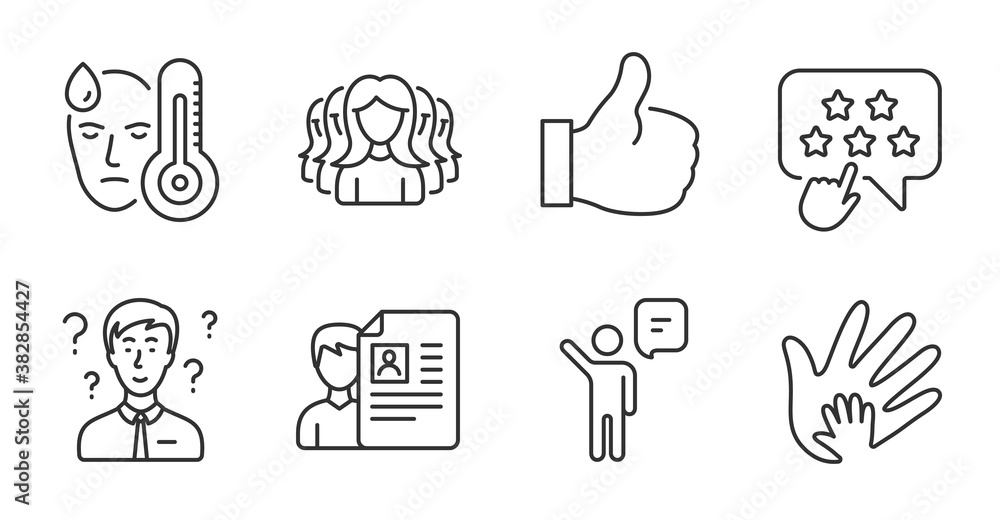 Fototapeta premium Agent, Women group and Like line icons set. Job interview, Fever and Ranking star signs. Social responsibility, Support consultant symbols. Business person, Lady service, Thumbs up. Vector