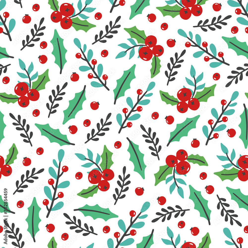 Christmas floral seamless pattern with flower, leaf, berries. Hand drawn style illustration. Winter holiday background for wallpaper, textile, fabric design. Christmas floral seamless pattern with flower, leaf, berries. Hand drawn style illustration. Winter holiday background for wallpaper, textile, fabric design.