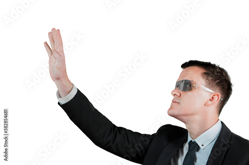 Caucasian businessman wearing futuristic glasses