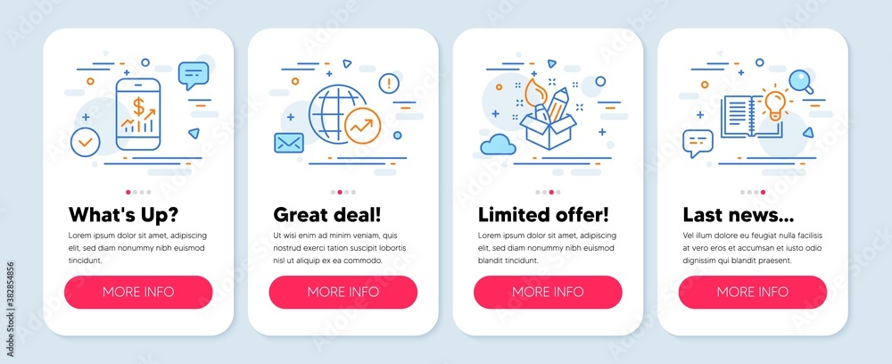 Set of Education icons, such as Creativity, Mobile finance, World statistics symbols. Mobile screen mockup banners. Product knowledge line icons. Design idea, Phone accounting, Global report. Vector Set of Education icons, such as Creativity, Mobile finance, World statistics symbols. Mobile screen mockup banners. Product knowledge line icons. Design idea, Phone accounting, Global report. Vector