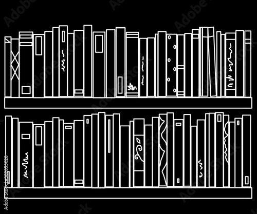 Shelf with books on a black background. Silhouette. Vector illustration.