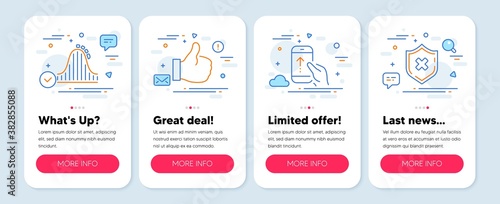 Set of Technology icons, such as Swipe up, Like, Roller coaster symbols. Mobile app mockup banners. Reject protection line icons. Scrolling screen, Thumbs up, Attraction park. No security. Vector