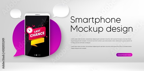 Last chance offer banner. Mobile phone vector mockup. Sale timer tag. Countdown clock promo icon. Smartphone mockup speech bubble. Last chance banner. Phone screen frame. Mobile background. Vector