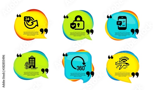 Smartphone notification, Security lock and Skyscraper buildings icons simple set. Speech bubble with quotes. 360 degrees, 24 hours and Airplane wifi signs. Vector
