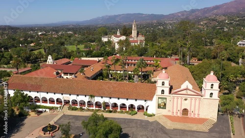 Closeup drone shot of Mission Santa Barbara during daytime