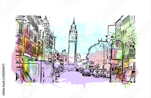 Building view with landmark of Belfast is the capital and largest city of Northern Ireland. Watercolor splash with hand drawn sketch illustration in vector.