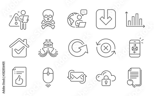 Chemical hazard, Refresh mail and Approved document line icons set. Scroll down, Load document and Search file signs. Mail, Diagram graph and Reject refresh symbols. Line icons set. Vector