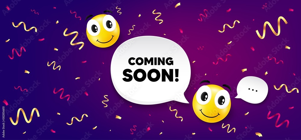 Coming soon. Smile face with speech bubble. Promotion banner sign. New product release symbol. Smile character with confetti. Coming soon speech bubble icon. Yellow face background. Vector Coming soon. Smile face with speech bubble. Promotion banner sign. New product release symbol. Smile character with confetti. Coming soon speech bubble icon. Yellow face background. Vector