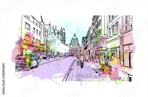 Building view with landmark of Belfast is the capital and largest city of Northern Ireland. Watercolor splash with hand drawn sketch illustration in vector.