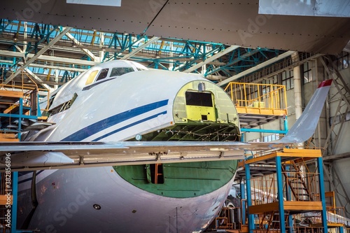 ULYANOVSK, RUSSIA - 19 AUGUST 2017. Day of air forces. A closeup of an airplane assembling in a plant 